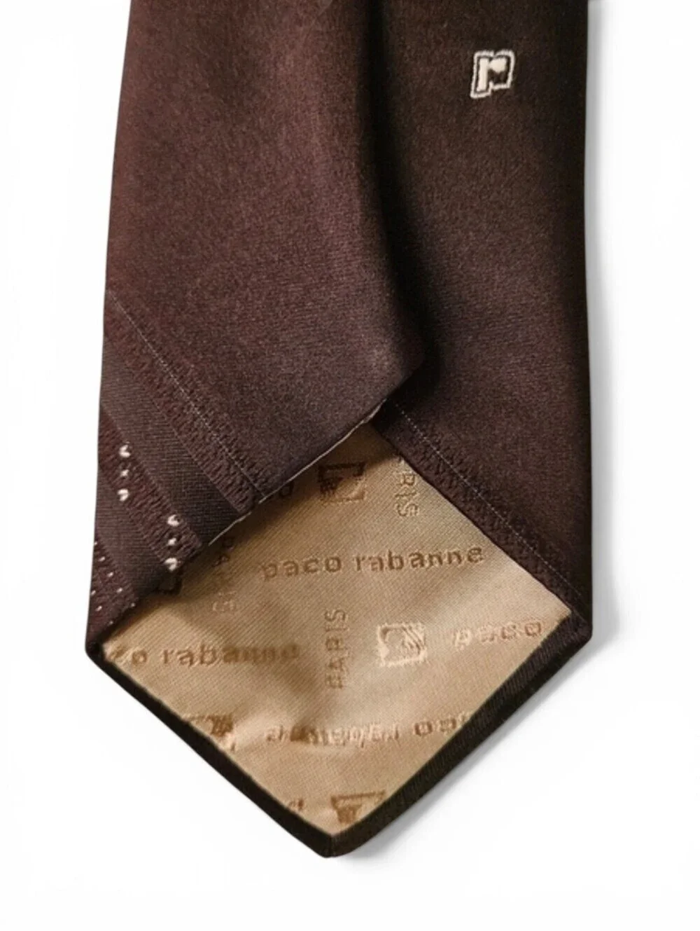 Paco Rabanne Paris Embroidered Vintage Monogram Necktie in Umber Brown and Tan